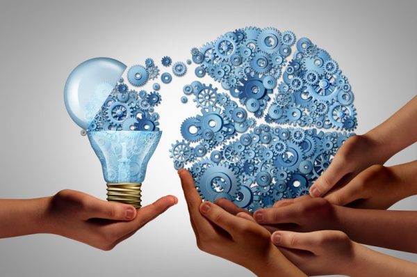 Group business ideas investing agreement and social innovation investor concept or financial collaboration commerce backing of team creativity as an open lightbulb icon for funding innovative growth prospect with venture capital with 3D render elements.